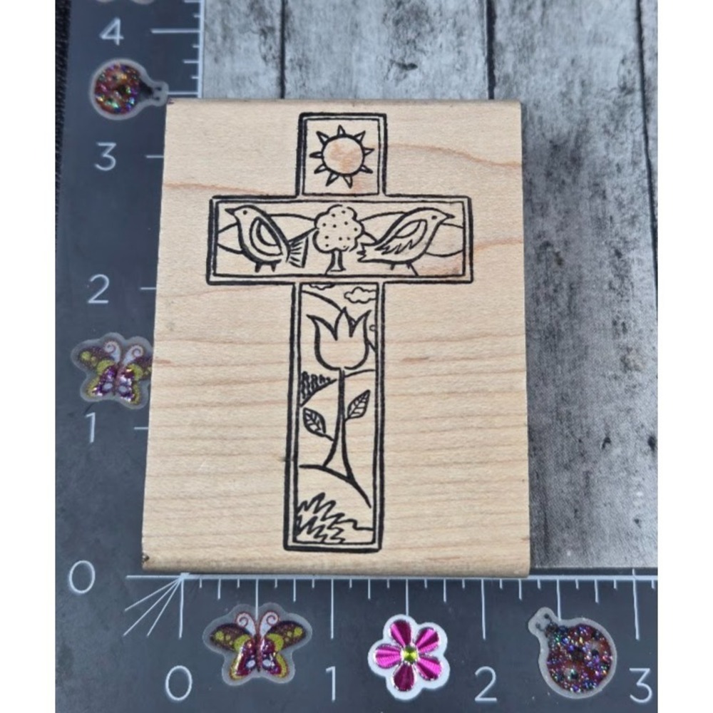 Ducks In A Row Birds Flowers Cross Design Rubber Stamp Wood #K37